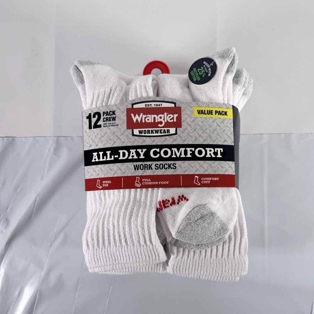Wrangler Workwear Men's All-Day Comfort Crew Work Socks 12 Pack White 6-12 NWT